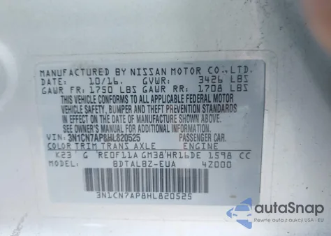 2017 Nissan Versa 1.6 Sv z USA, uszkodzony, nr VIN 3N1CN7AP8HL820525